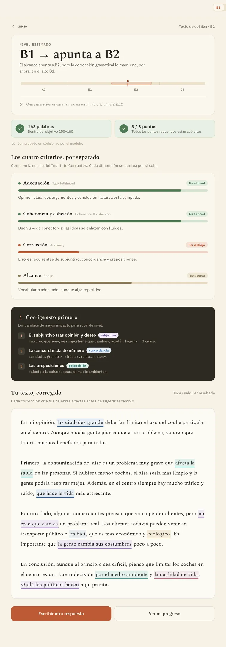 Aprueba's Feedback screen — a banded CEFR estimate, four dimensions scored apart, and inline corrections quoting the learner's words