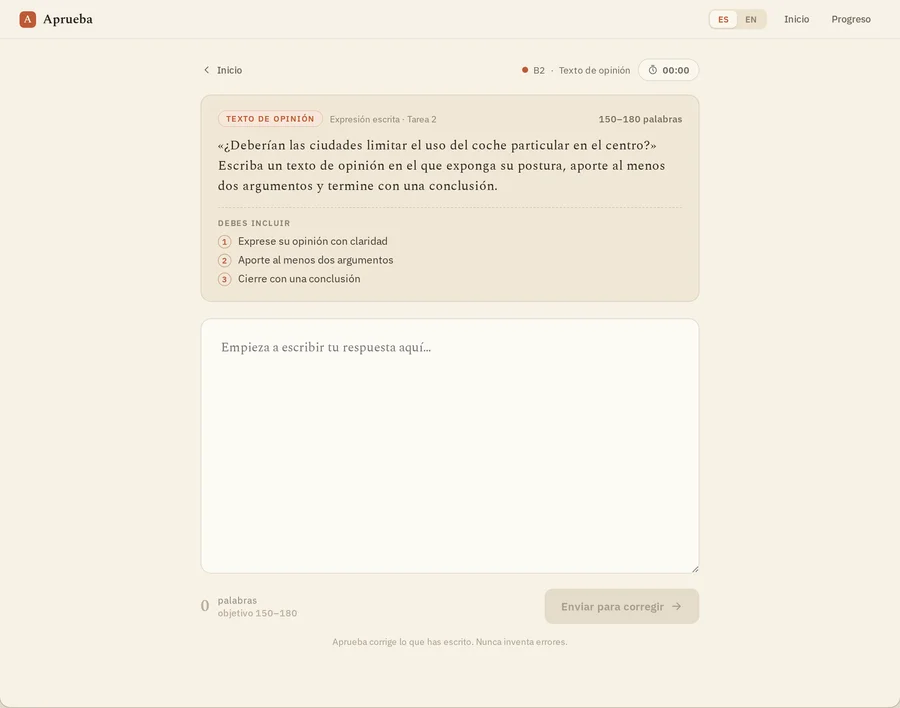 Aprueba — the writing screen, where a DELE candidate drafts their answer