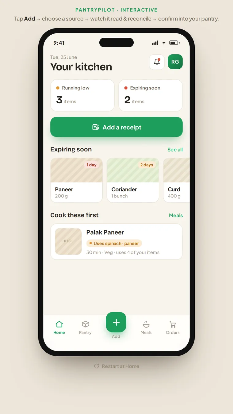 The shipped PantryPilot Home screen running on a phone